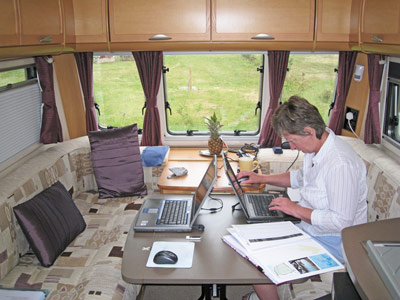 Liz hard at work in the Bailey caravan