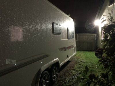 Caravan under security light