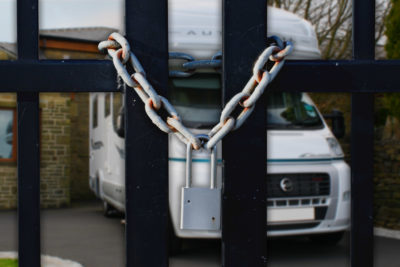 Motorhome behind locked gates