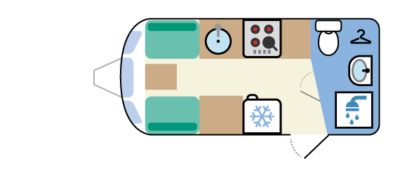 Rear washroom, twin settee front lounge, side kitchen caravan layout 