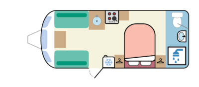 Transverse island bed, full-width end washroom caravan layout
