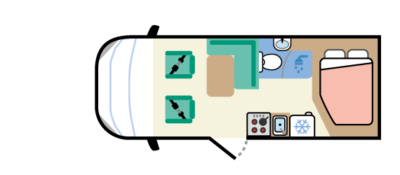motorhome layout with transverse double bed over garage