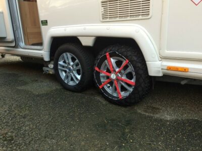 Snow chains on caravan