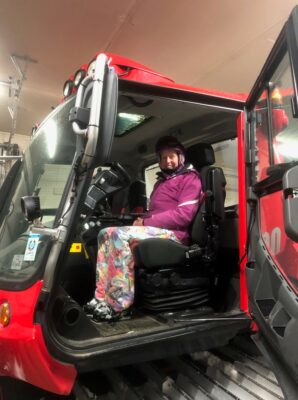 Katy sat in a piste basher that grooms the slopes_Skellefteå Sweden