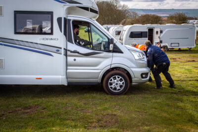 pushing a motorhome stuck in the mud