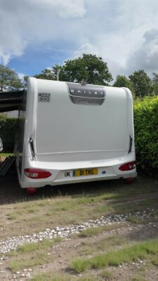 Caravan with trailer registration plate for towing in Europe