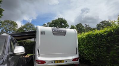 Caravan with trailer registration plate for towing in Europe